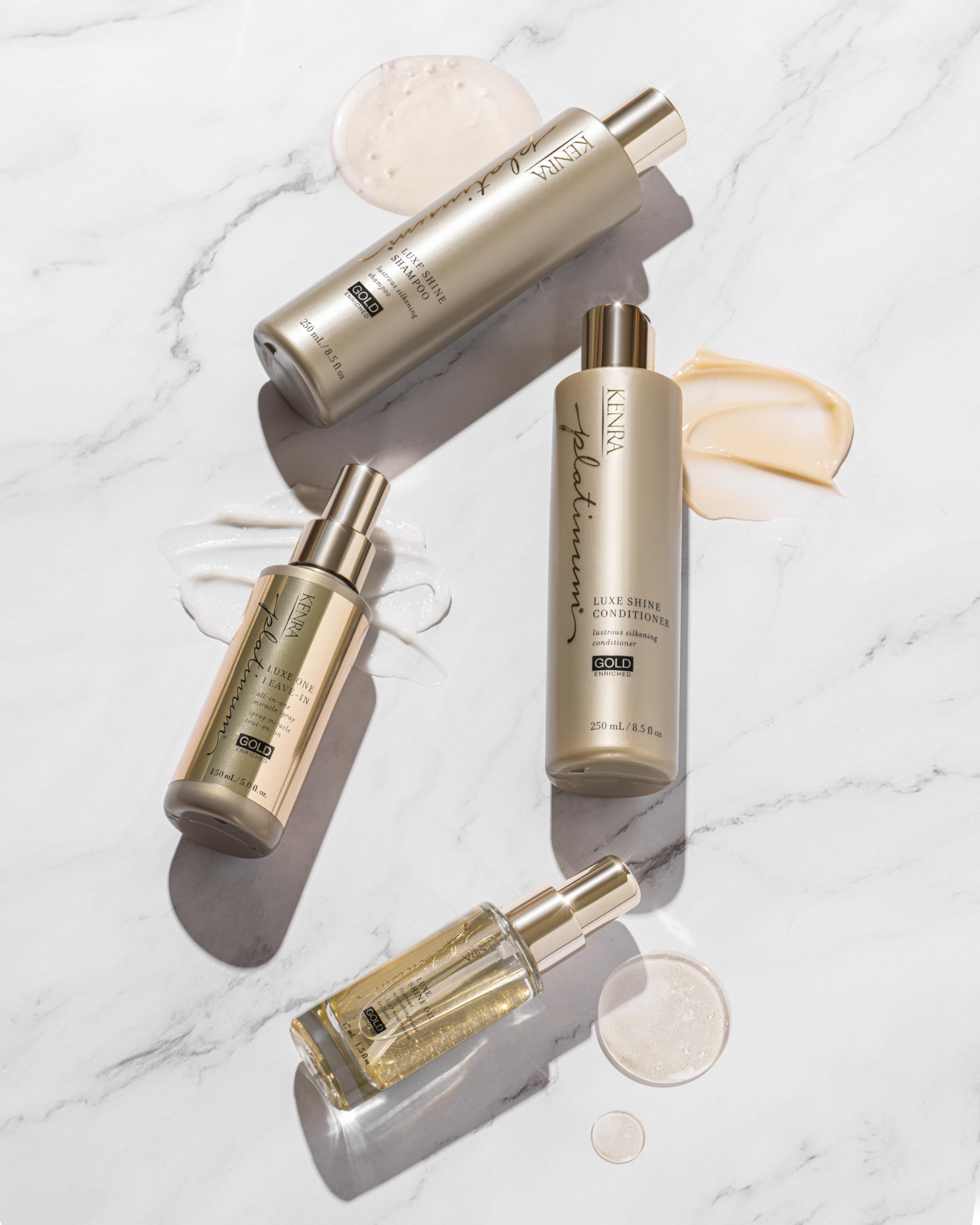 Golden glow particles in Luxe One mist enhance shine on dull strands.