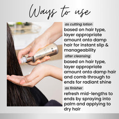 Kenra Platinum Luxe One Leave-In glow adds opulent slip and frizz reduction.