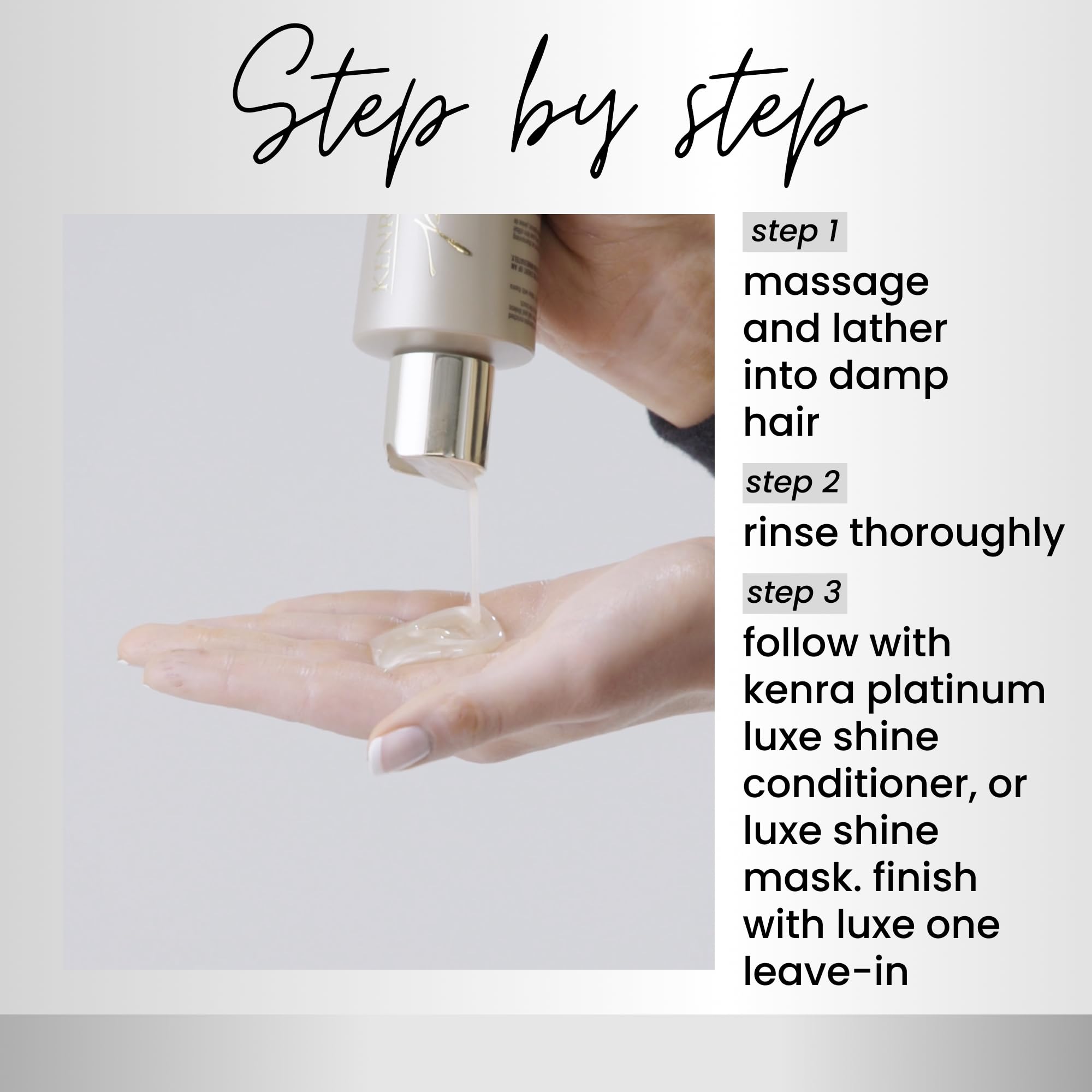 Kenra Platinum Luxe Shine conditioner in hand reveals silky strands
