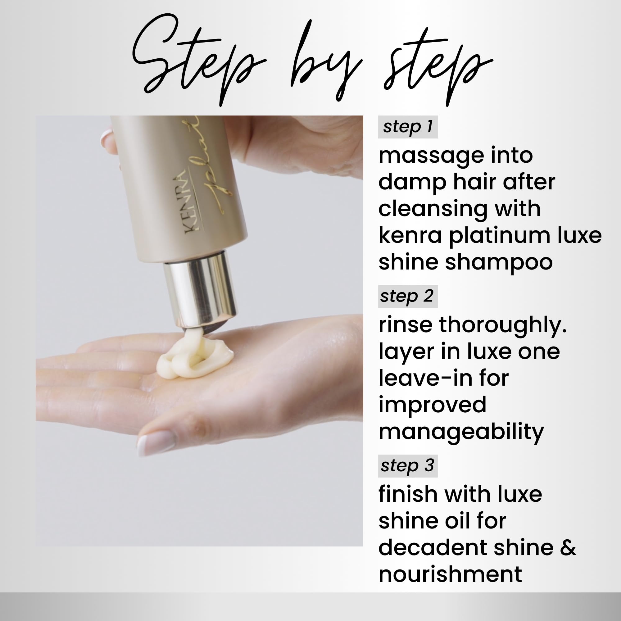 Kenra Luxe Shine packaging emphasizes gold-infused premium essence