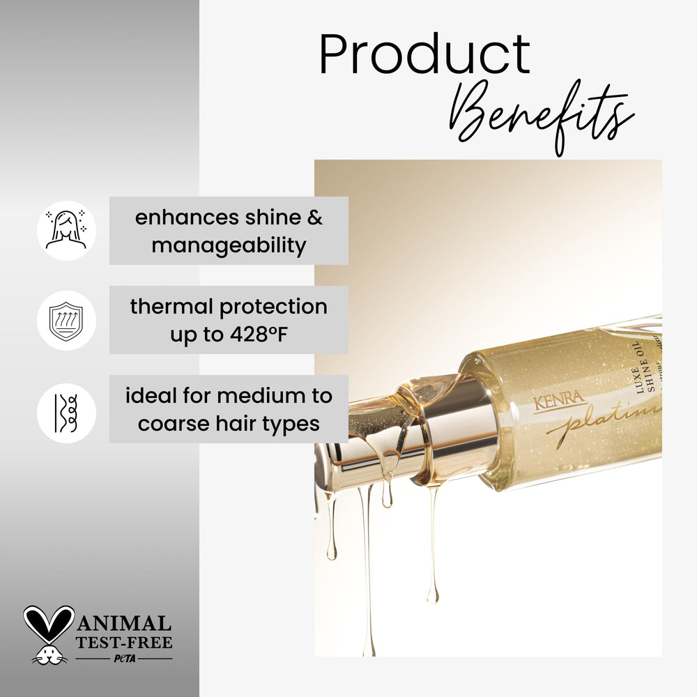 Kenra Luxe Shine Oil drops catching light signal premium heat protection.