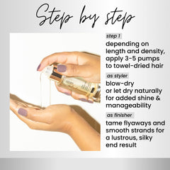 Golden bottle cap and oil sheen implying luxurious, nourishing feel.