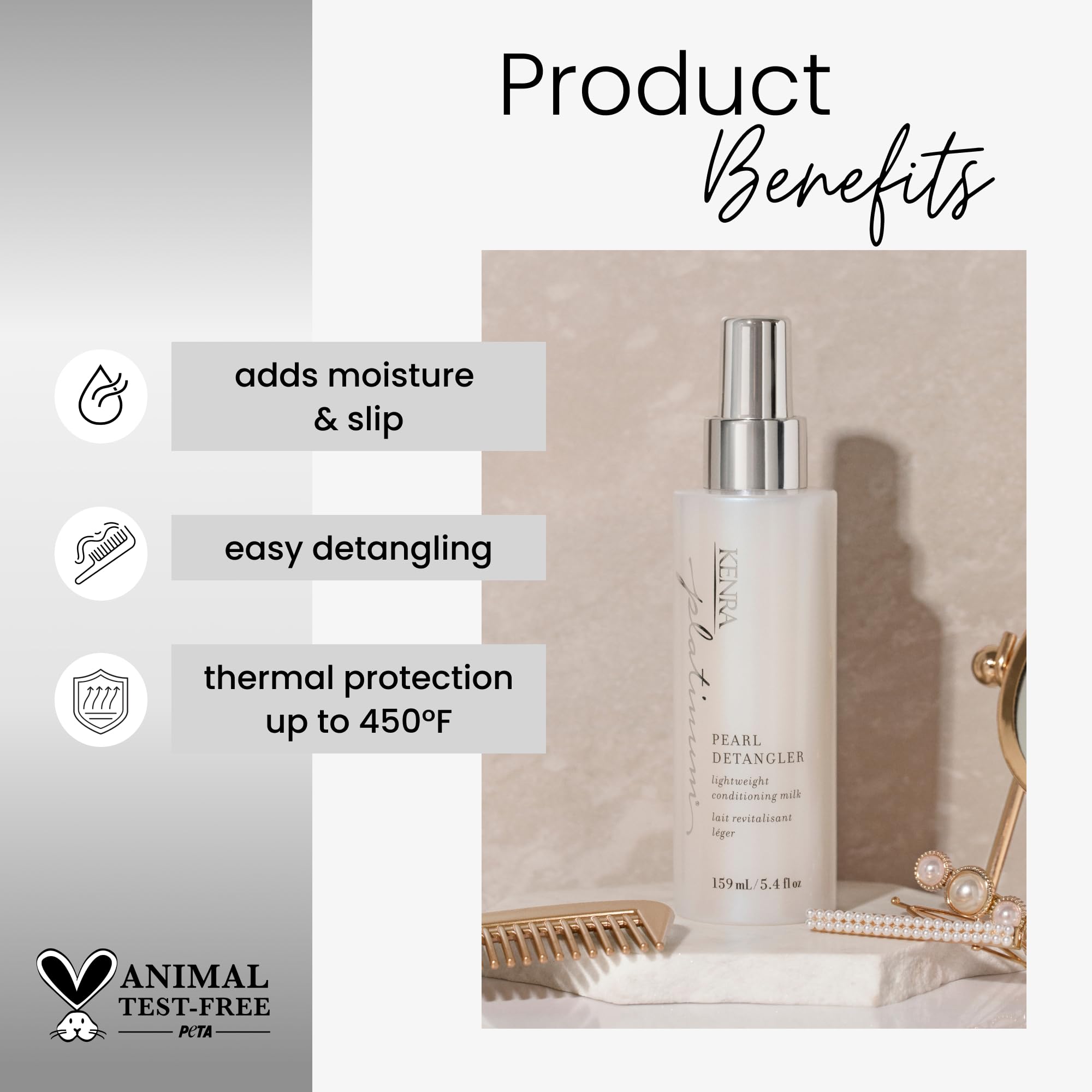 Kenra Platinum Pearl Detangler mist applied to damp hair adds moisture and slip