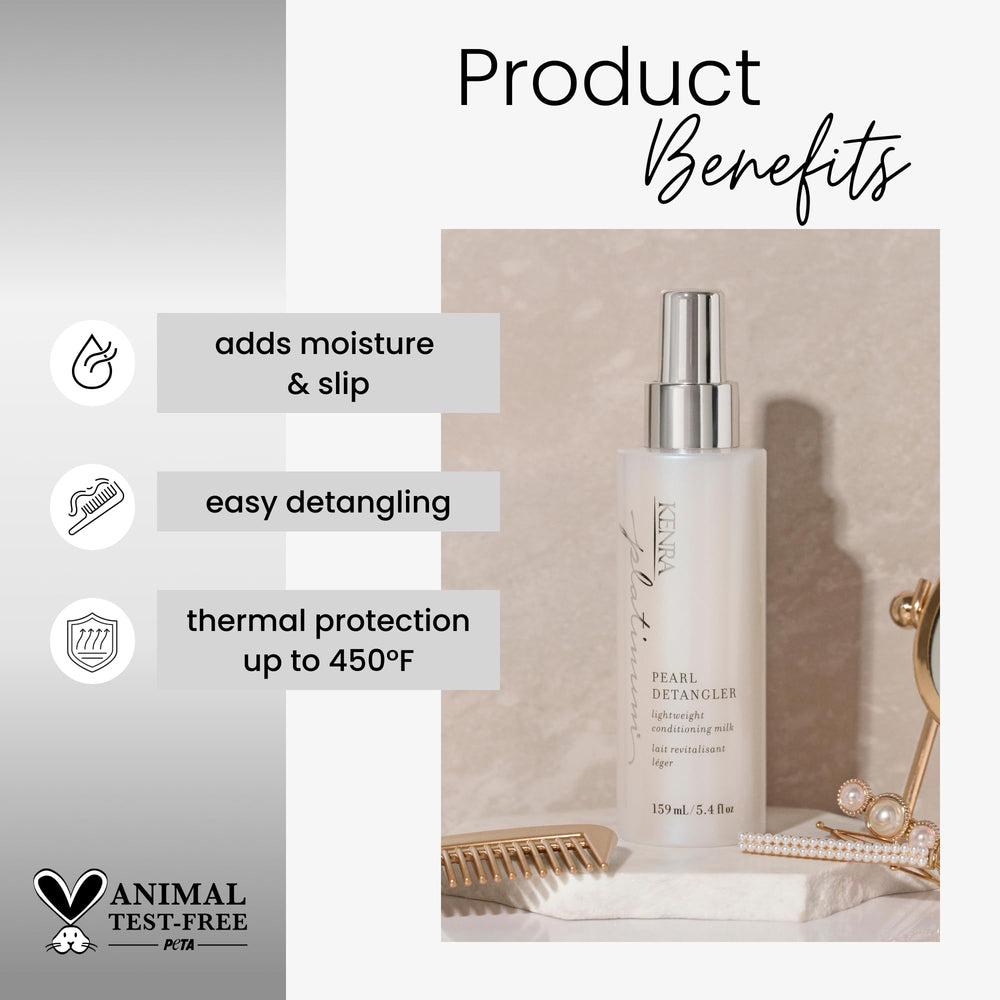 Kenra Platinum Pearl Detangler mist applied to damp hair adds moisture and slip