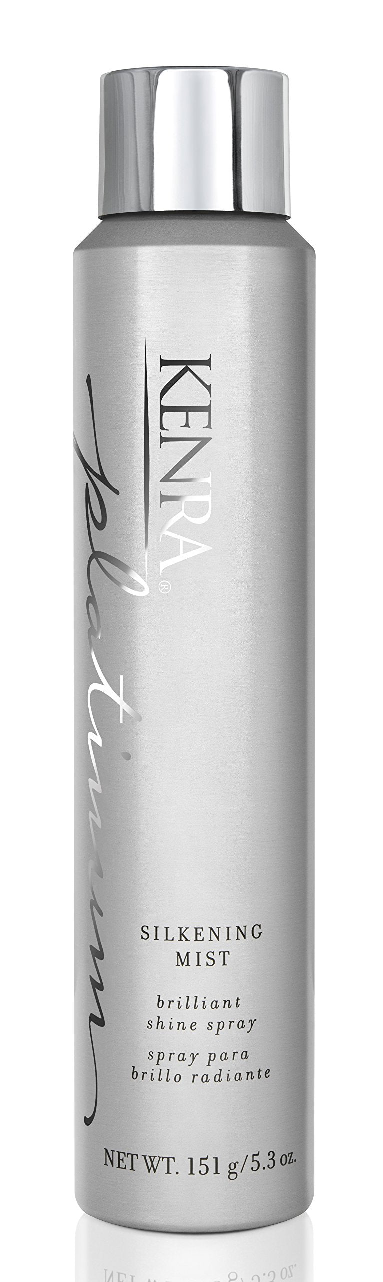 Kenra Platinum Silkening Mist bottle delivering a sleek shine finish.