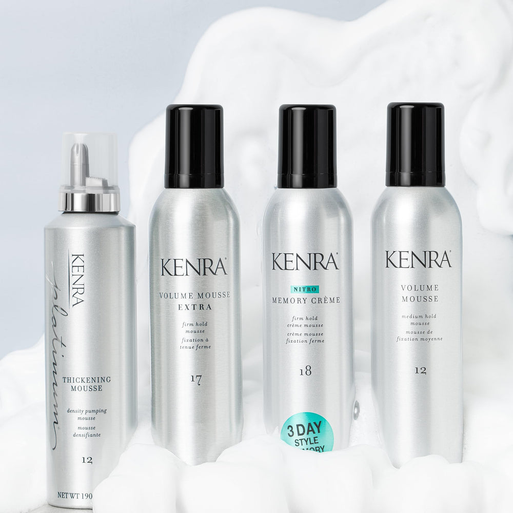 Kenra Platinum Thickening Mousse 12 applying on hair adds instant body.