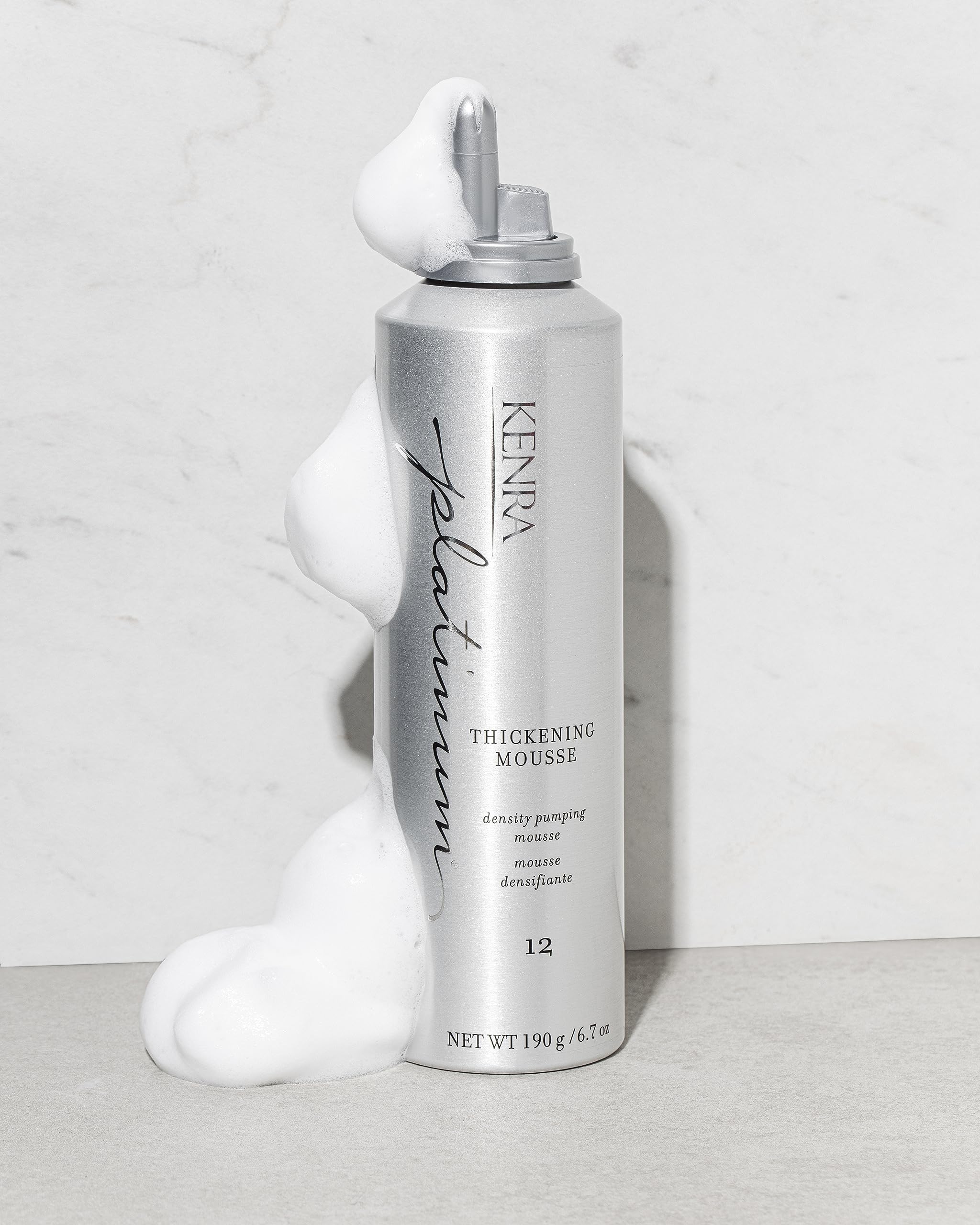 Kenra Platinum Thickening Mousse 12 texture close-up highlights lightweight foam for density.