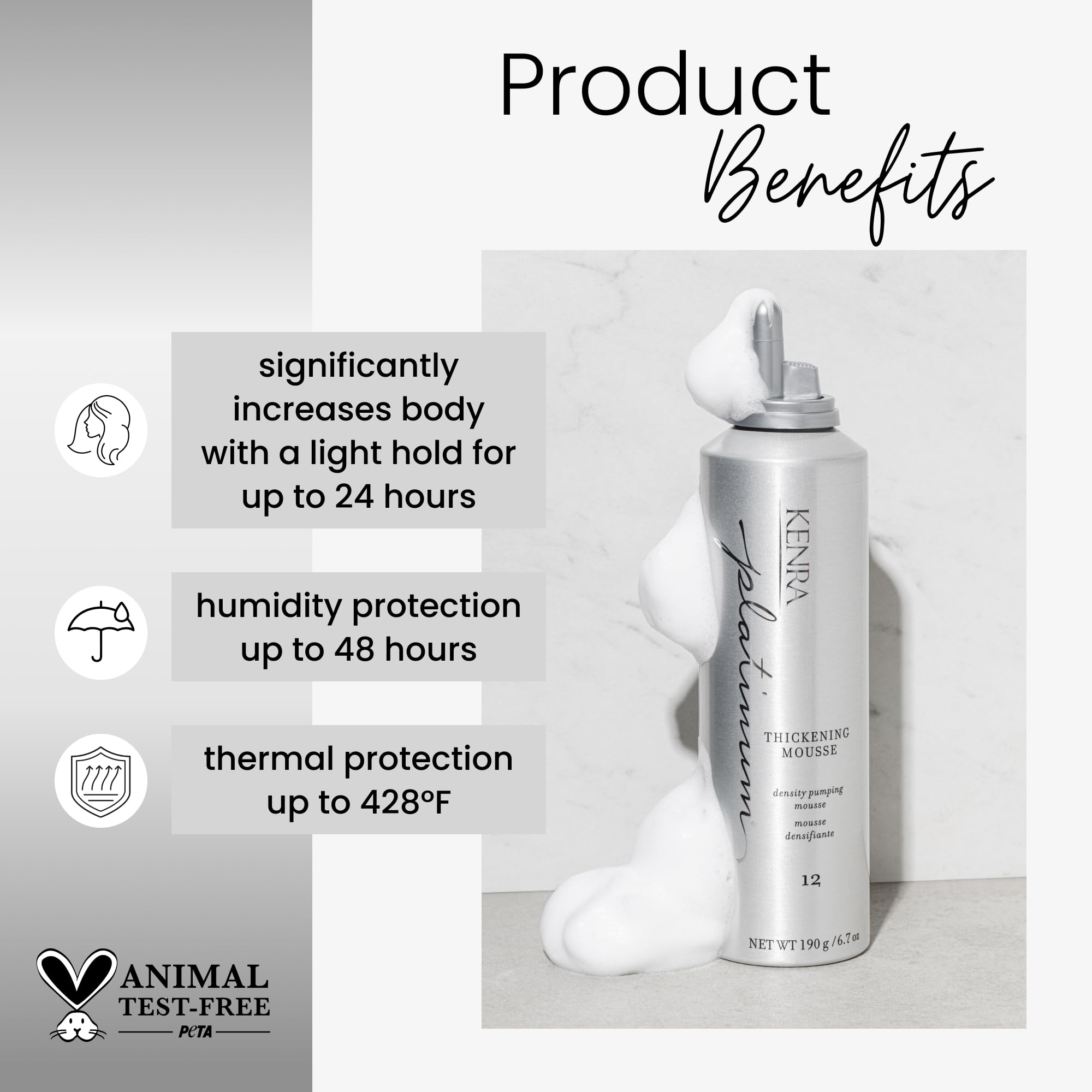 Kenra Platinum Thickening Mousse label close-up highlighting humidity protection and lightweight hold.