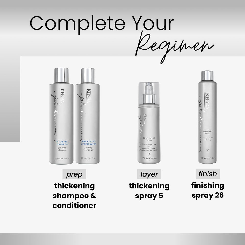 Kenra Platinum Thickening Spray 5 bottle demonstrating humidity protection in styling