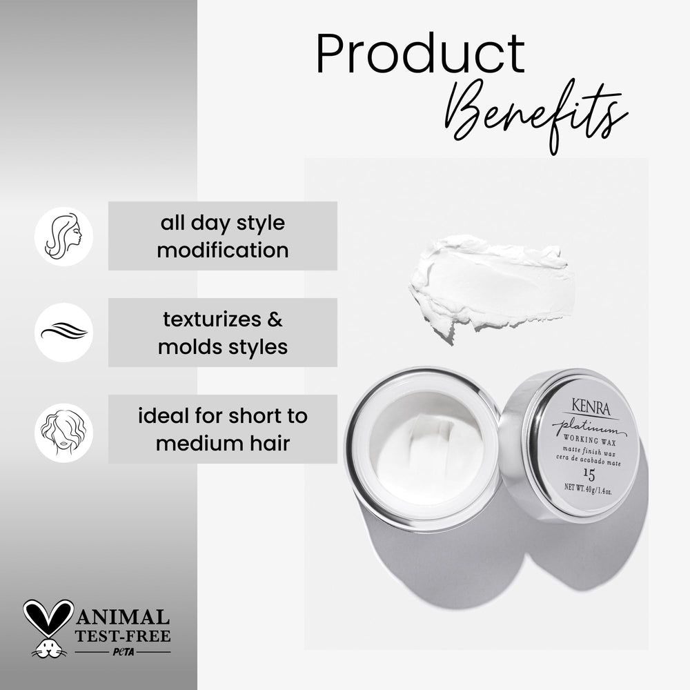 Kenra Platinum Working Wax 15 creme texture enables easy, moldable styling with matte finish.