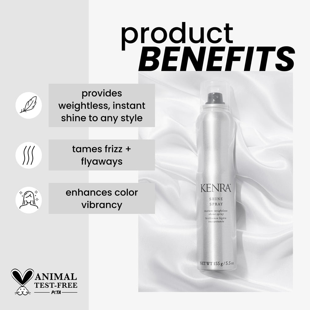 Kenra Shine Spray tames frizz and flyaways for a smoother finish.