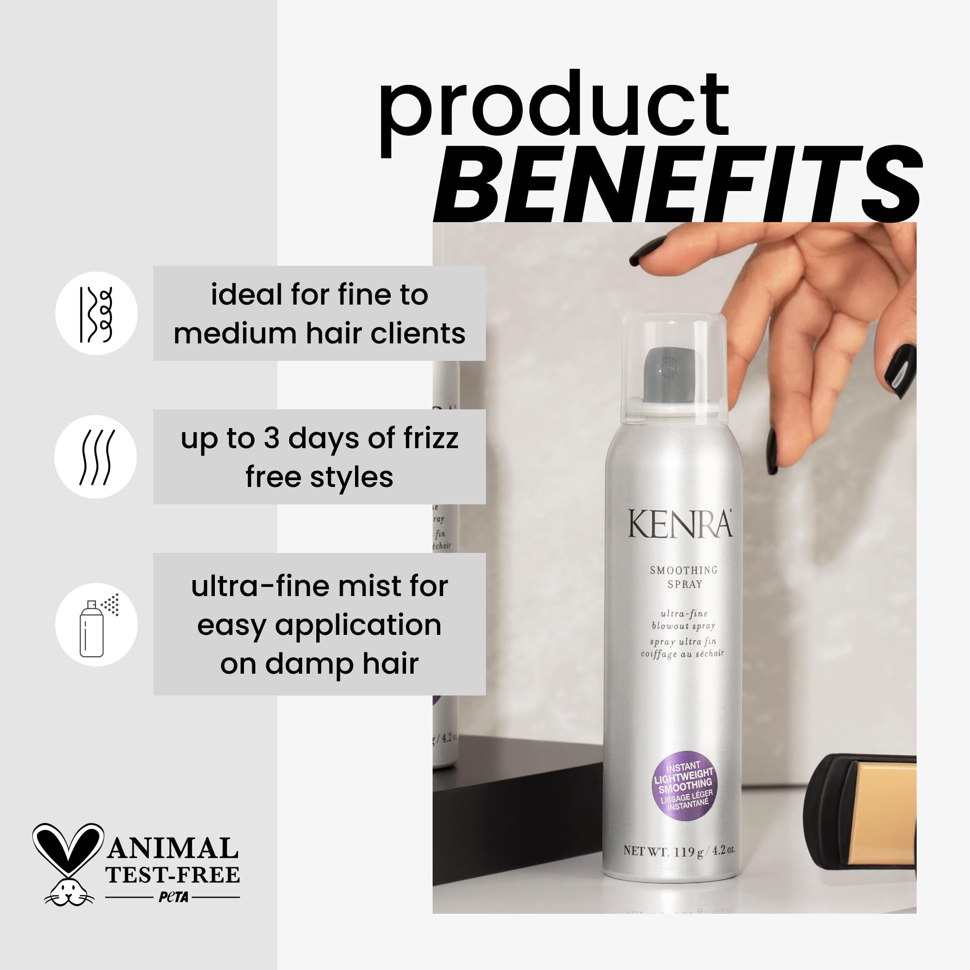 Kenra Smoothing Spray: boquilla de precisión para aplicación uniforme y control del peinado.