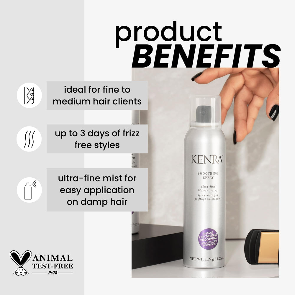 Kenra Smoothing Spray: boquilla de precisión para aplicación uniforme y control del peinado.