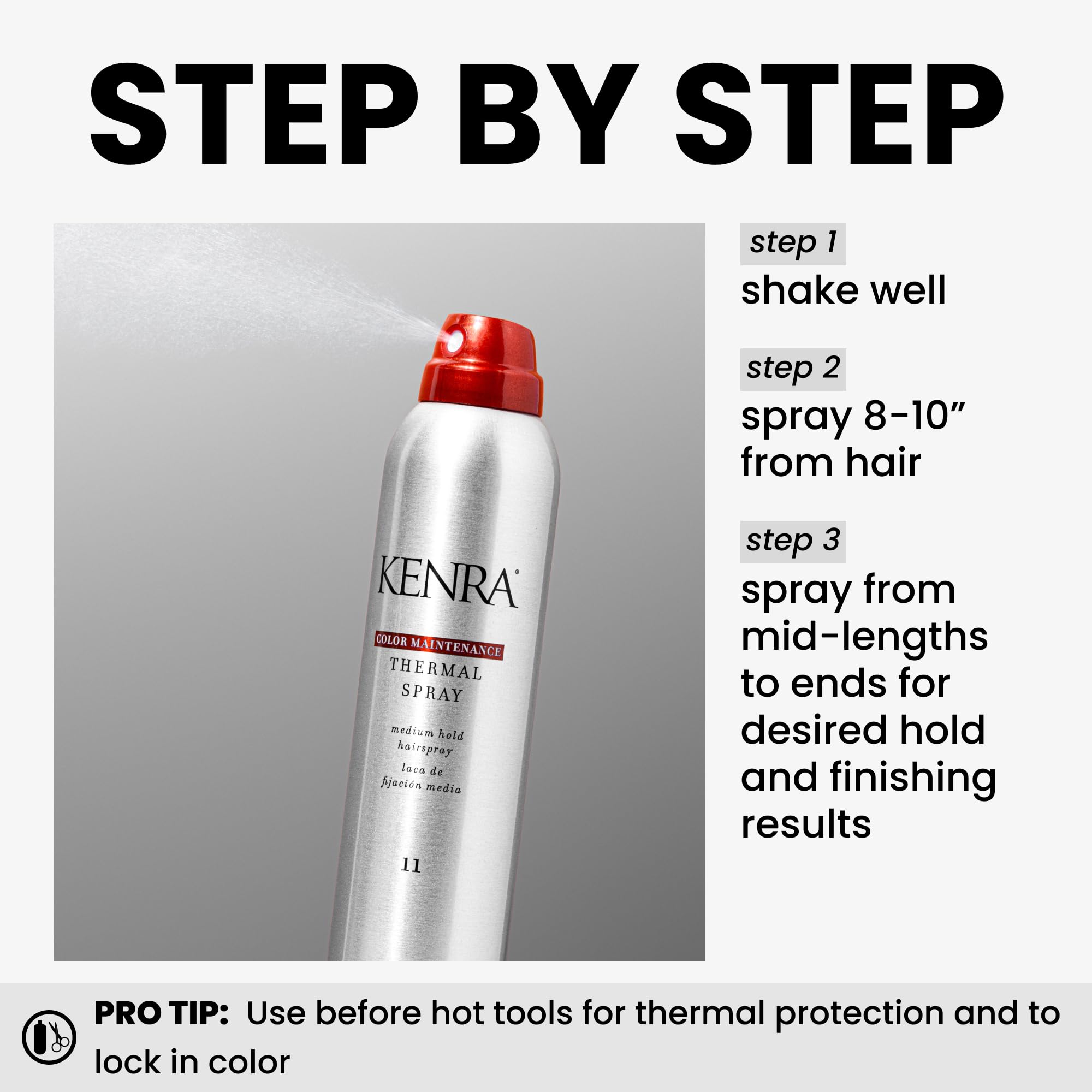 Kenra Thermal Spray shine-finish adds luminous polish to any style.