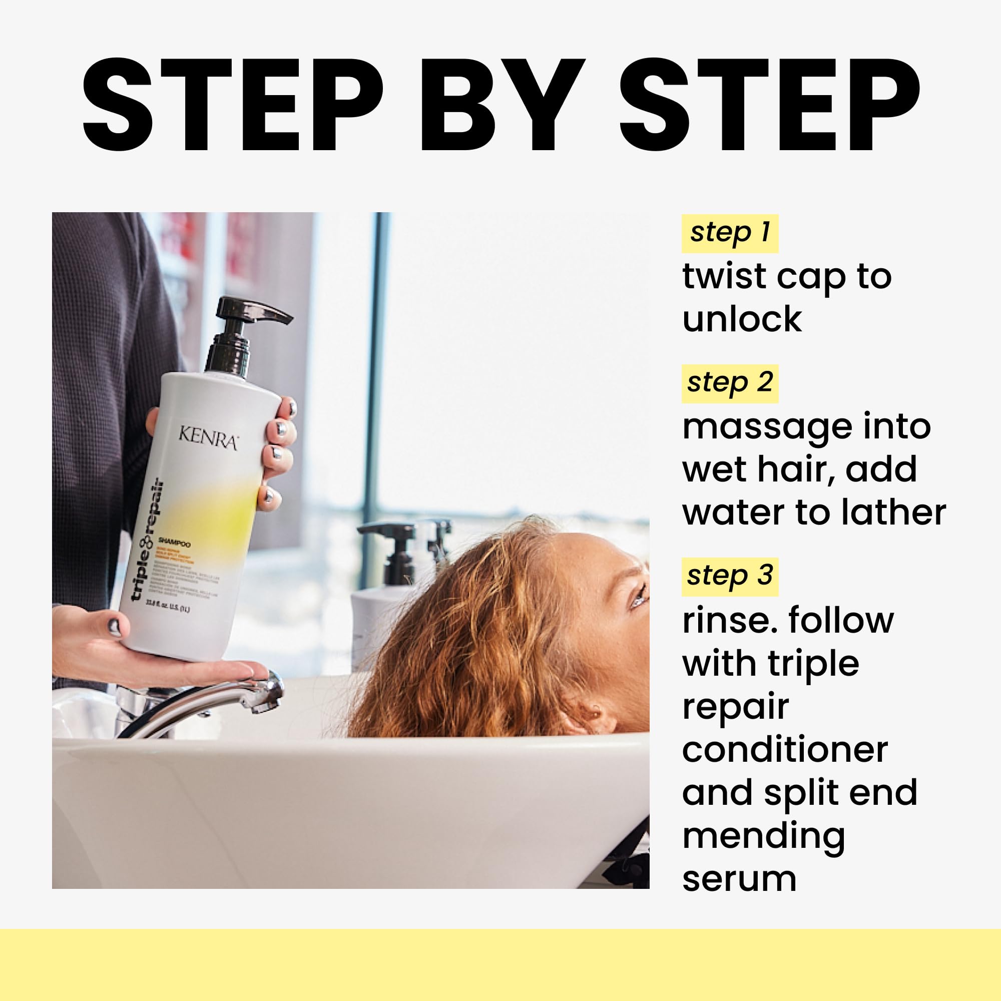 Kenra Triple Repair Shampoo packaging on shelf for everyday use.