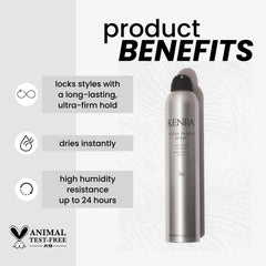 Kenra Ultra Freeze Spray 30 spray dispense action shows quick-drying styling.