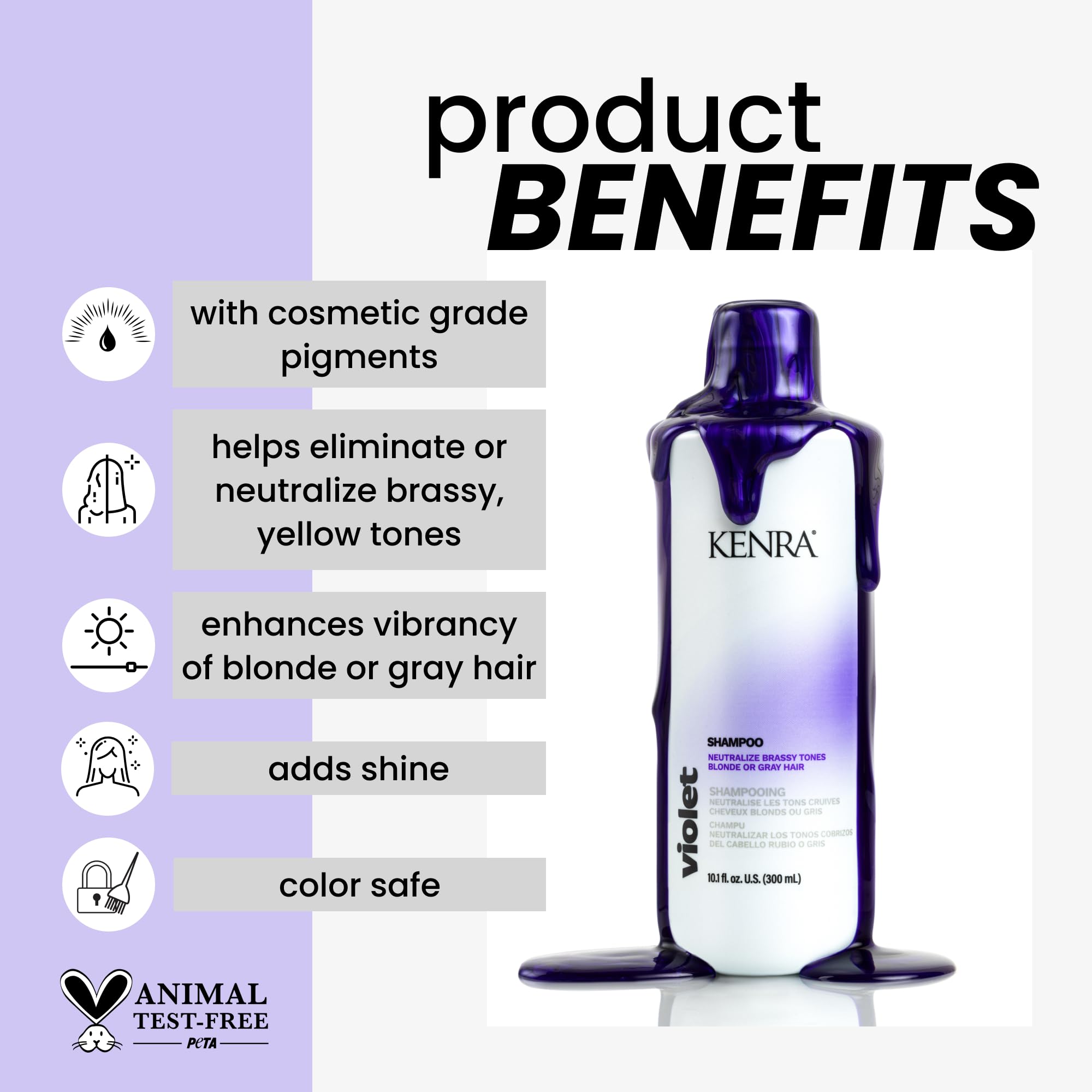 Kenra Violet Shampoo, aplicación cremosa: facilita distribución y deja cabello suave.