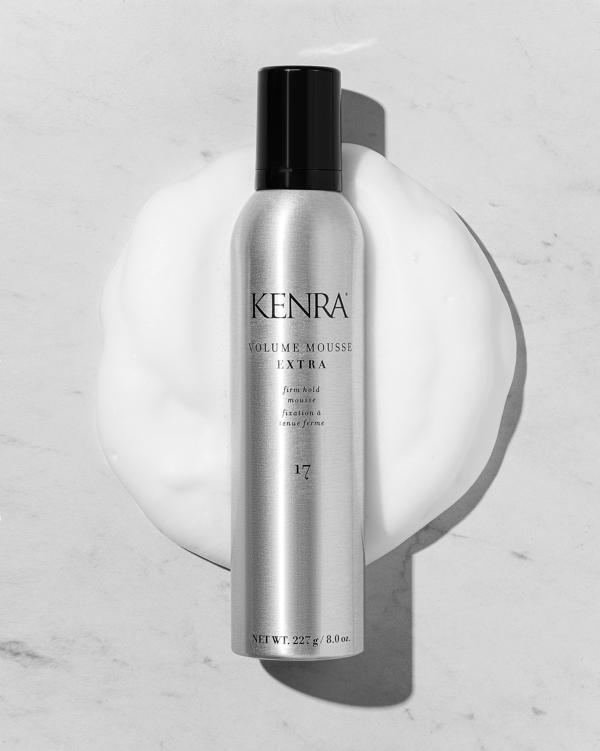 Graphic highlighting heat protection up to 450F in Kenra Volume Mousse Extra 17
