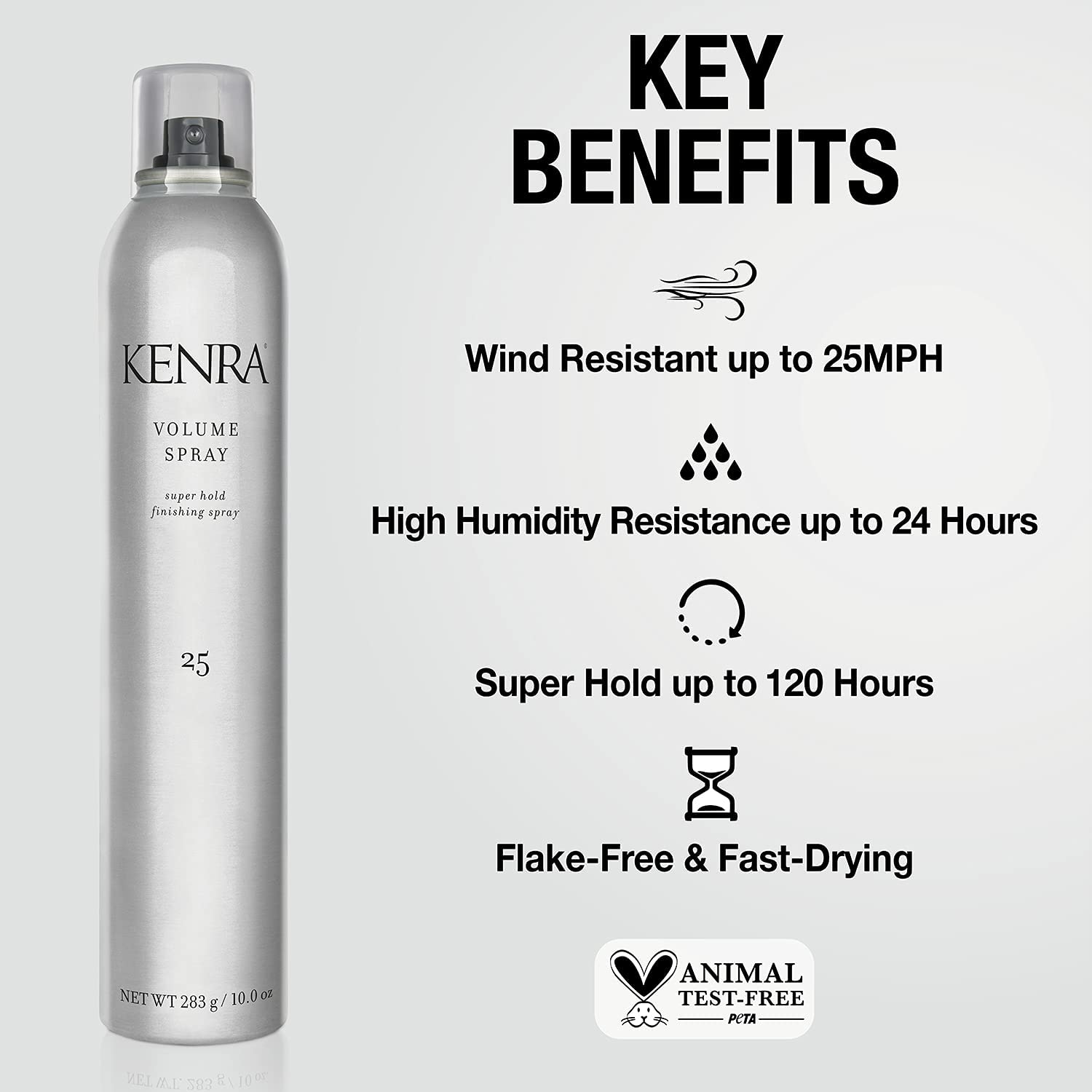 Close-up of the Kenra Volume Spray 25 nozzle releasing a fine mist for even application.