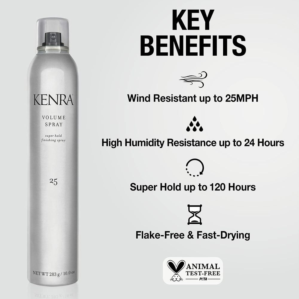 Close-up of the Kenra Volume Spray 25 nozzle releasing a fine mist for even application.