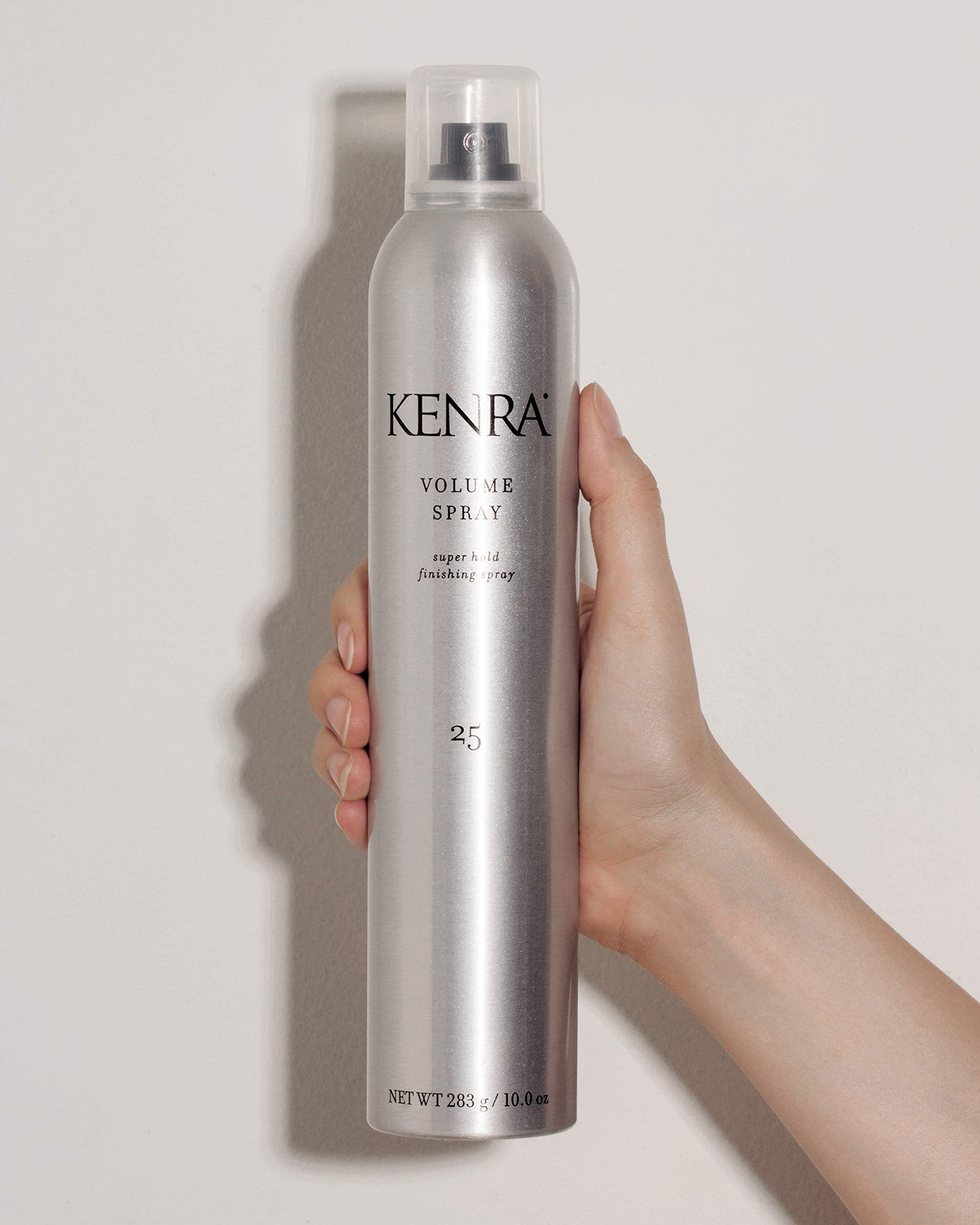 Kenra Volume Spray bottle close-up highlights flake-free, quick-drying performance.