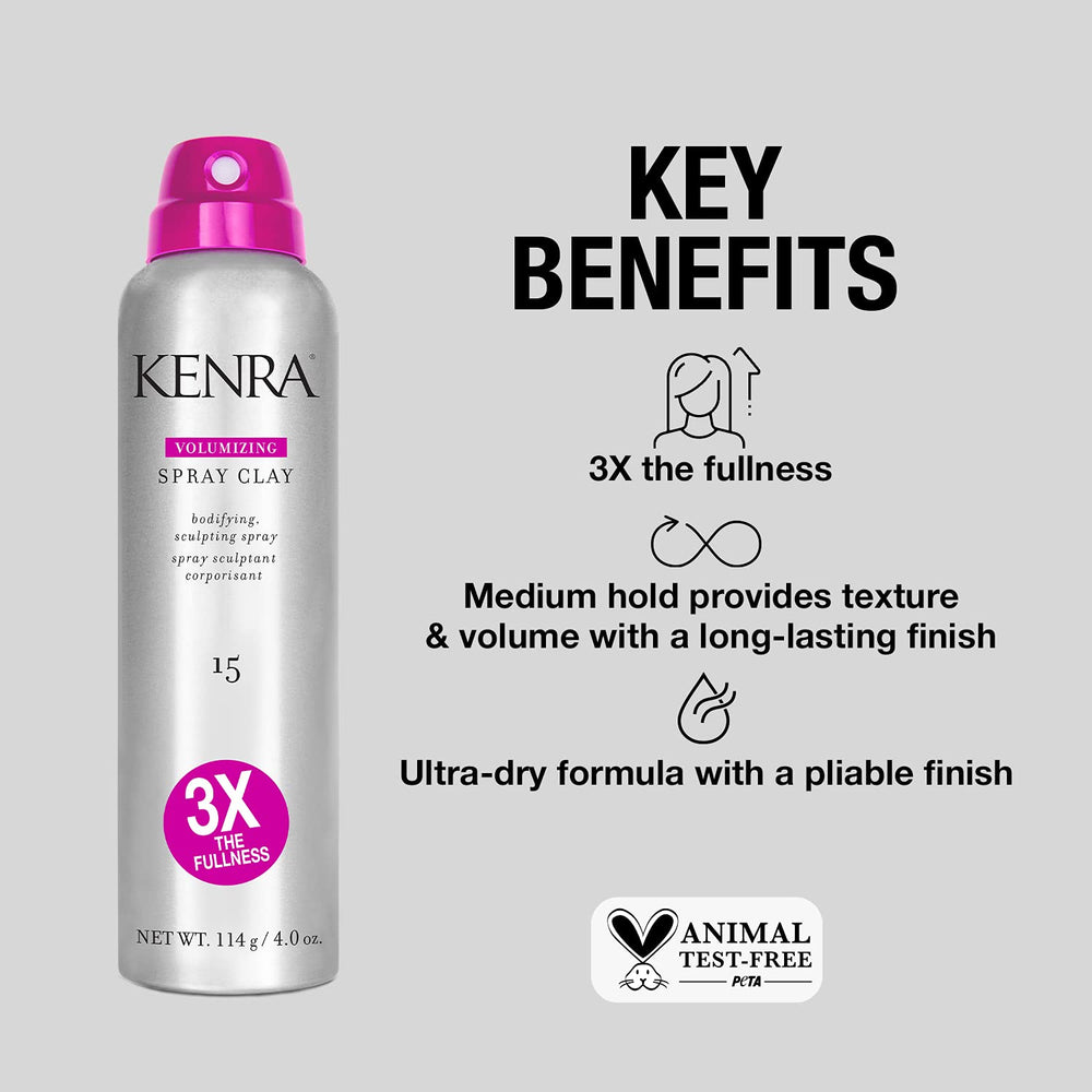 Kenra Volumizing Spray Clay 15: acabado ultradry con fijación media para look duradero.