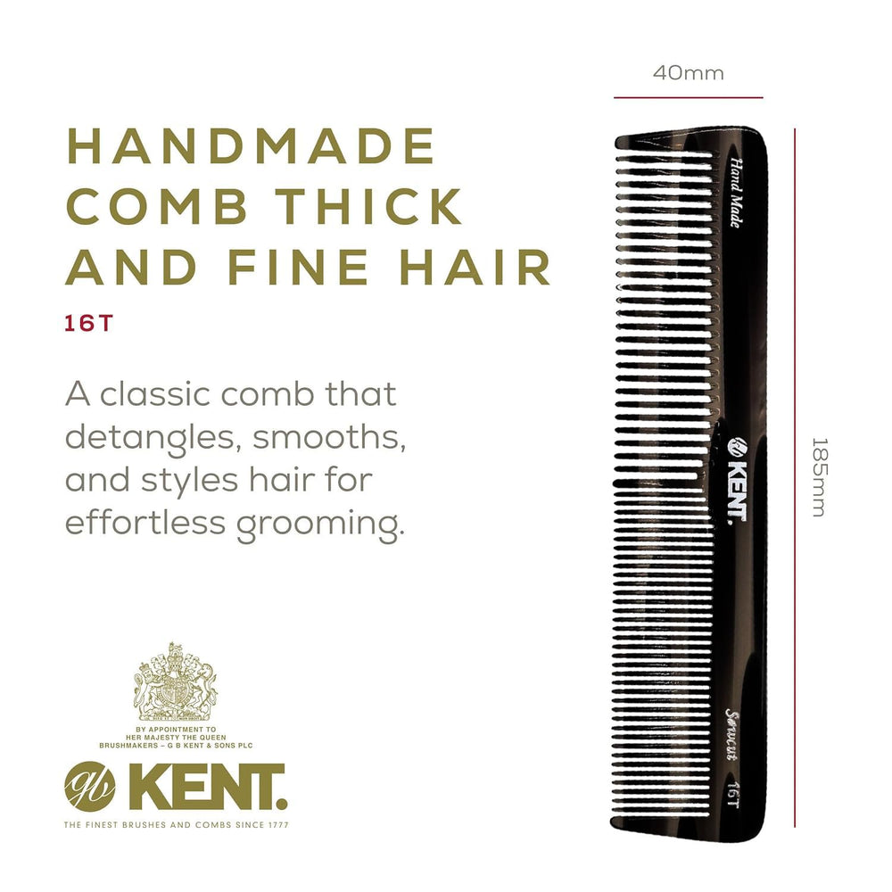 Kent 16T black graphite wide-tooth comb for detangling thick or curly hair