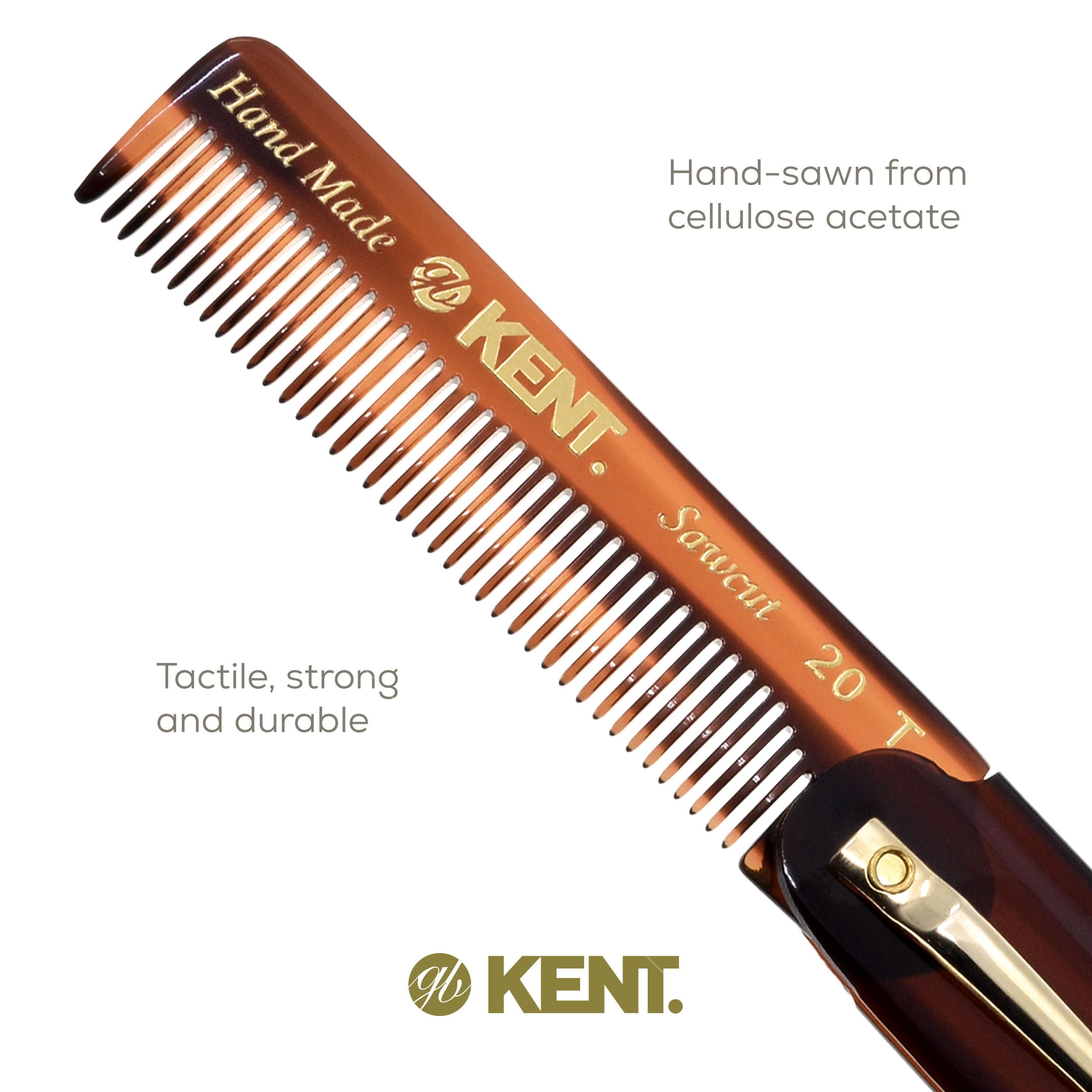Kent 20T cellulose acetate material reduces static for calmer grooming sessions
