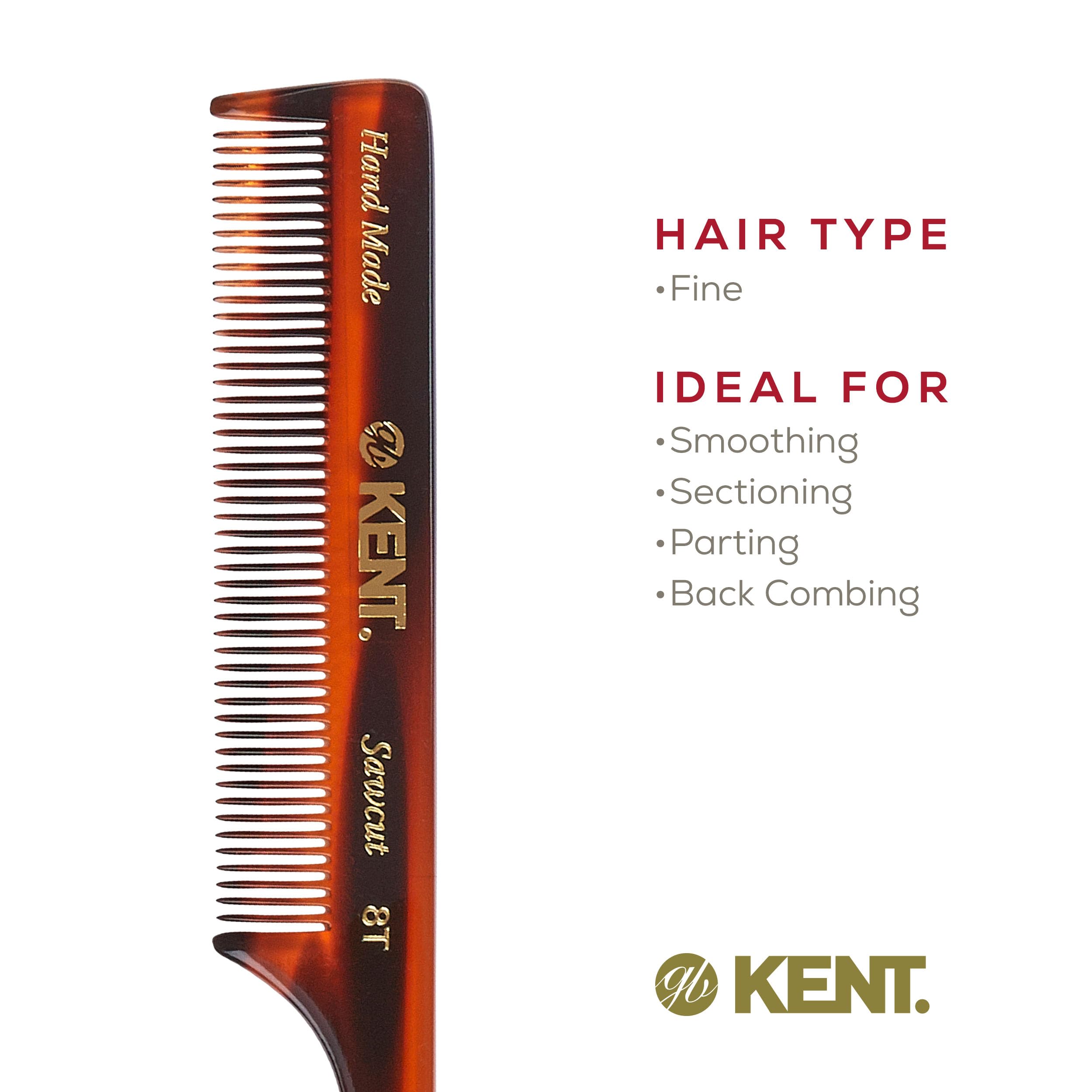 Kent 8T rat-tail comb made from cellulose acetate material for comfort and static reduction.