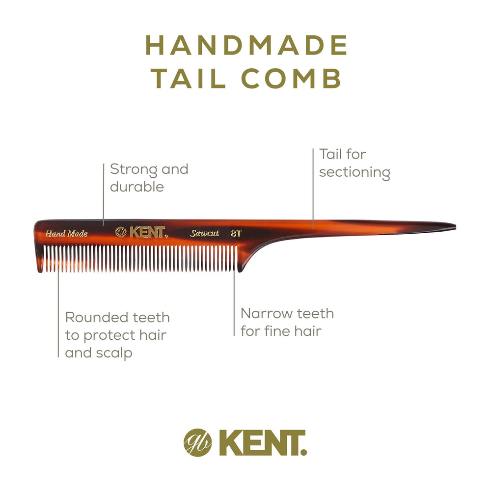 Kent 8T rat-tail comb with saw-cut teeth for snag-free use.