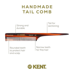 Kent 8T rat-tail comb with saw-cut teeth for snag-free use.