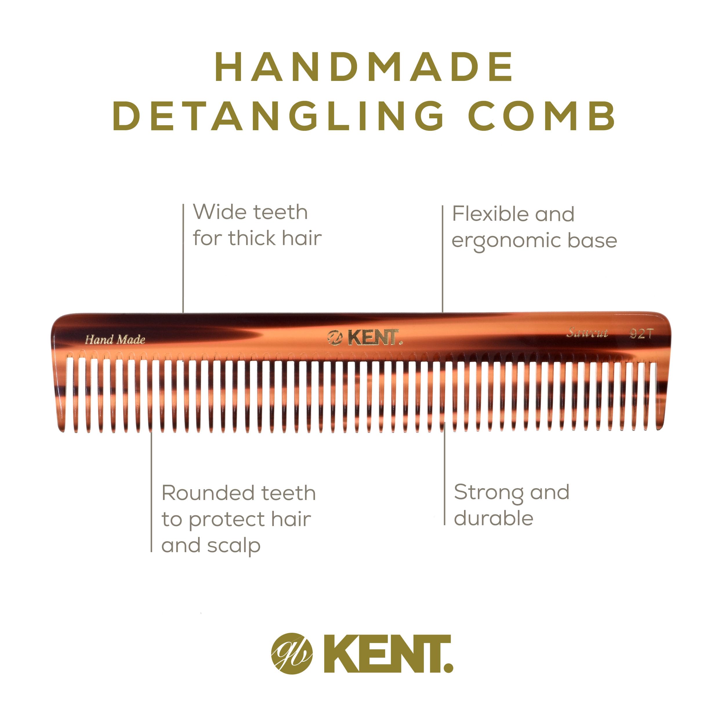 Hand-polished Kent 92T detangler highlights premium craftsmanship and finish.