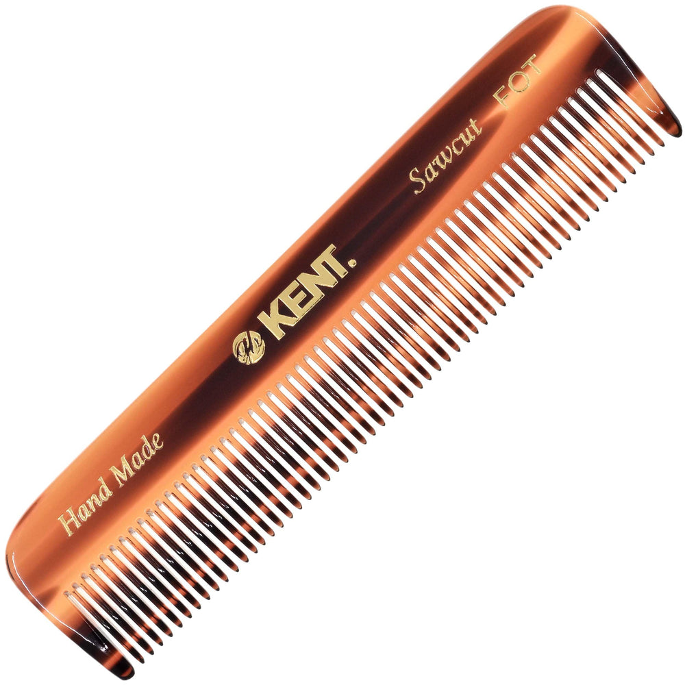Kent A FOT tortoiseshell pocket comb close-up shows smooth teeth for snag-free grooming.