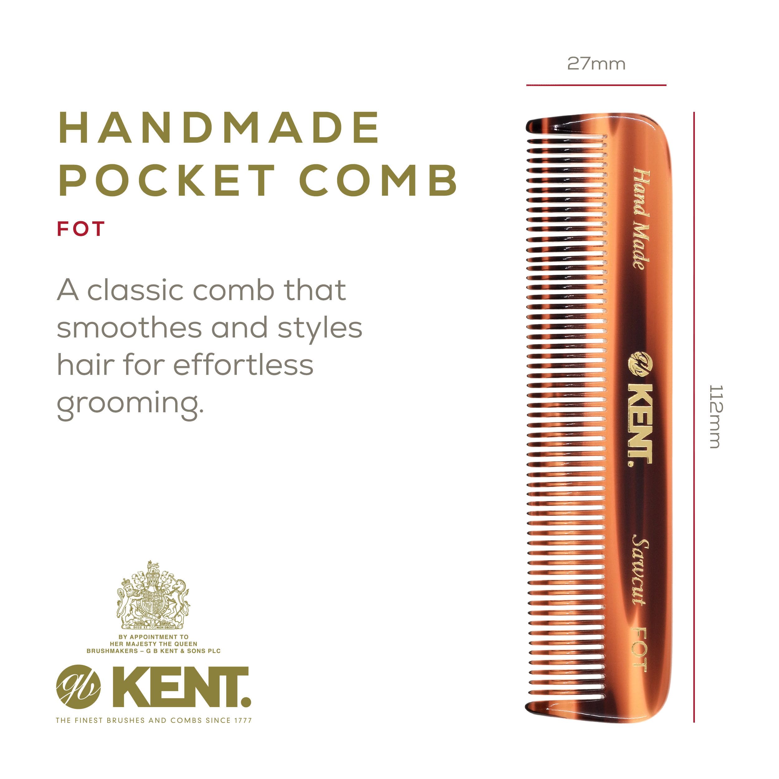Kent A FOT pocket comb held in hand highlights compact travel-friendly design.