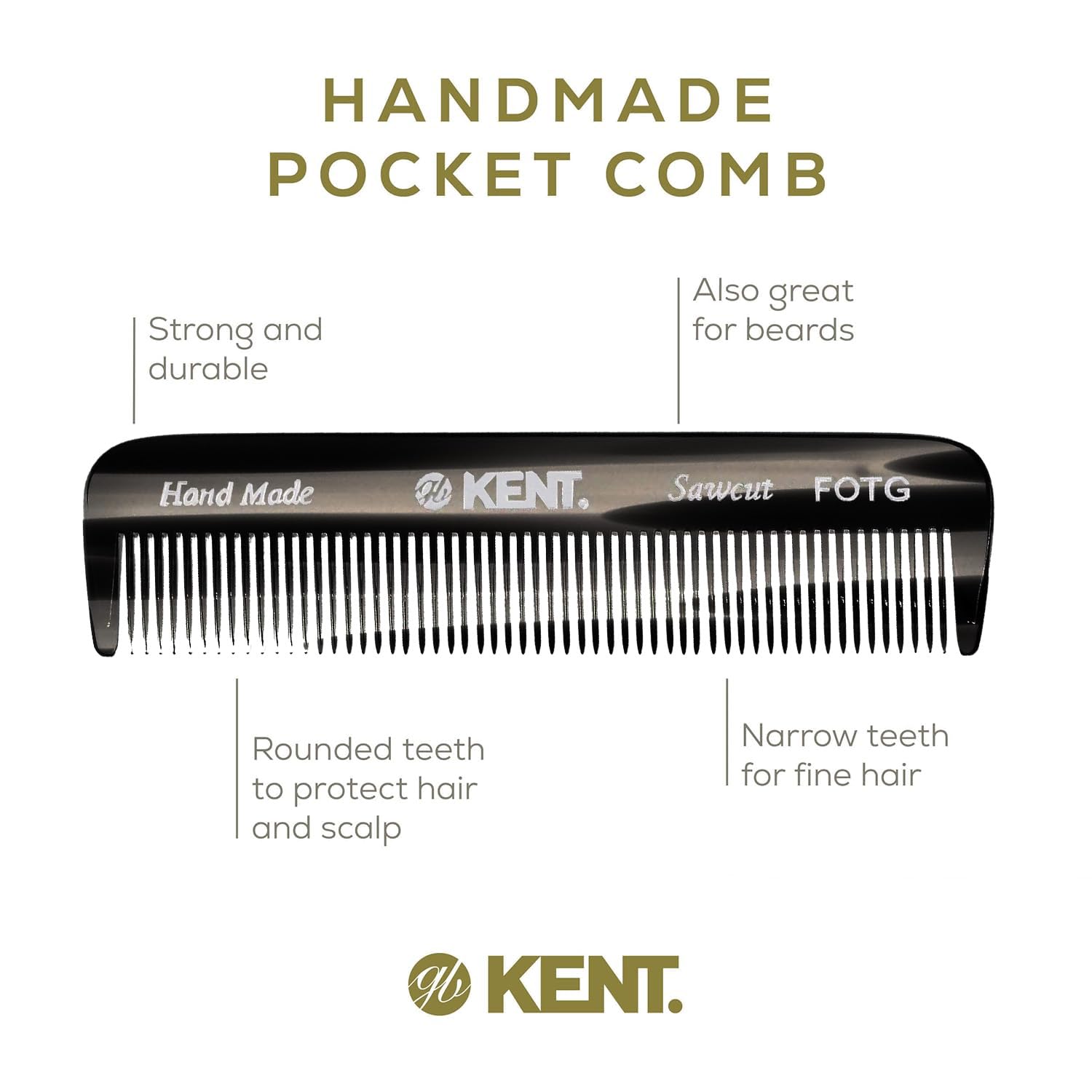Kent FOT black graphite pocket comb in hand, travel-ready beard and hair care