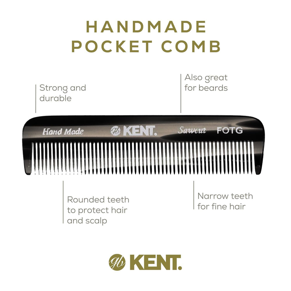 Kent FOT black graphite pocket comb in hand, travel-ready beard and hair care
