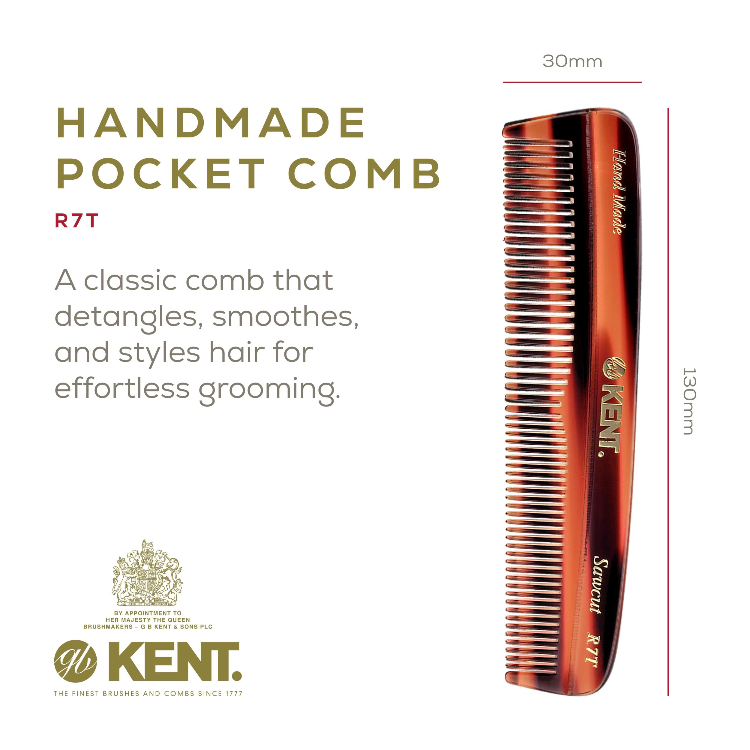 Kent R7T fine-tooth detail showcases smooth edges for gentle hair glide daily.