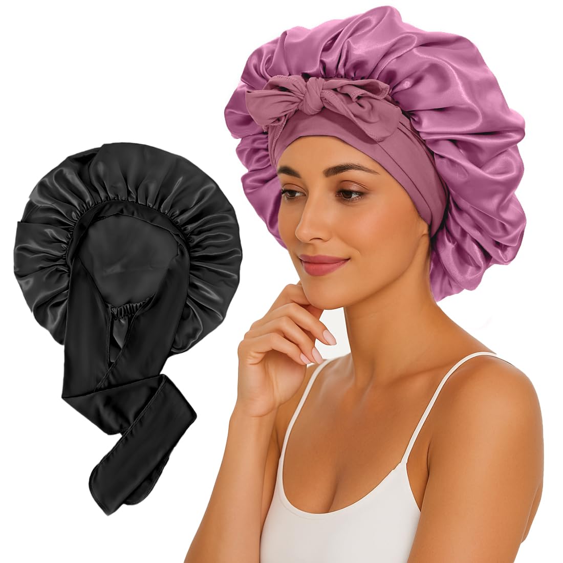 KEPUWAY bonete satén grande para dormir negro protege el cabello durante la noche.