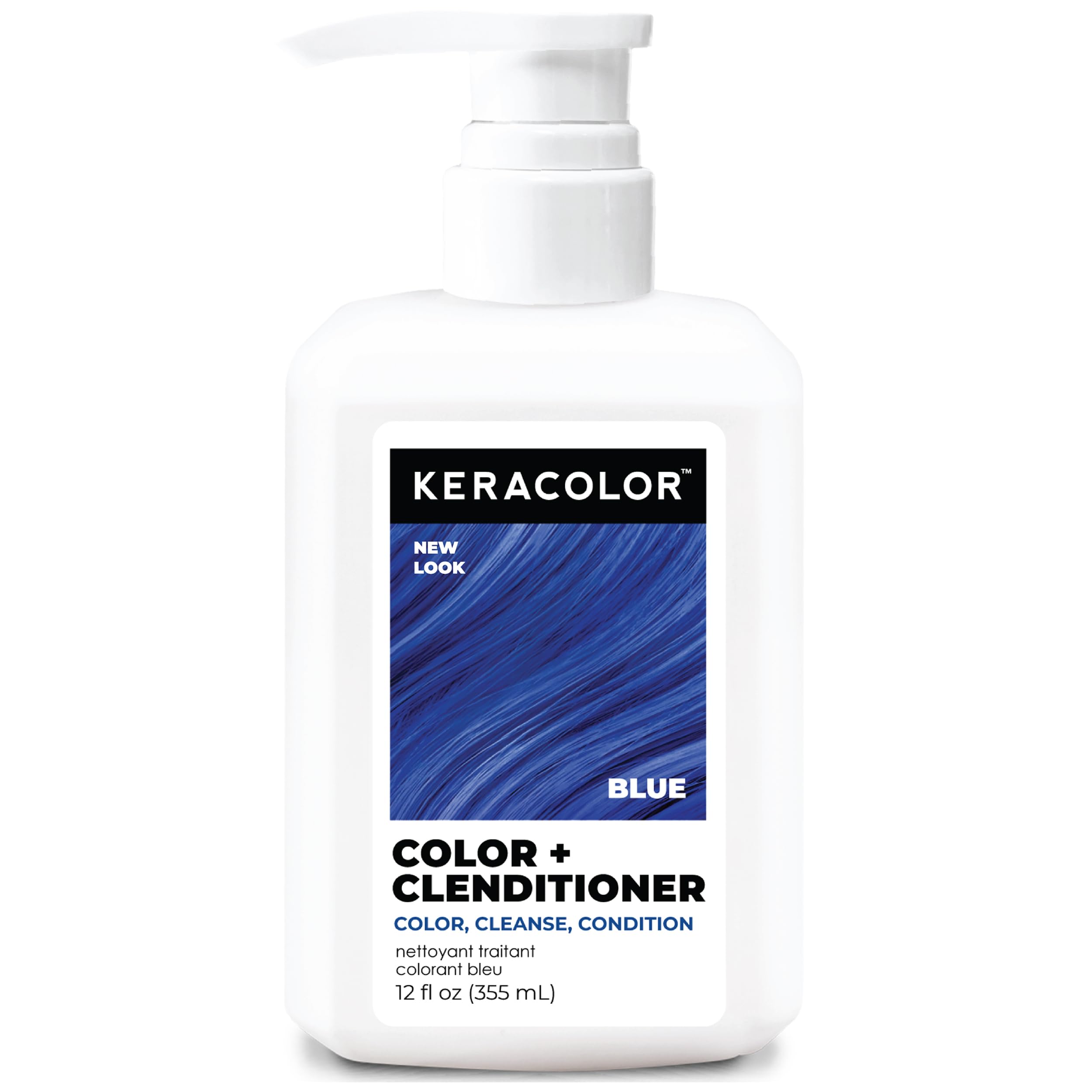 Keracolor Clenditioner BLUE bottle close-up showing vibrant color deposition.