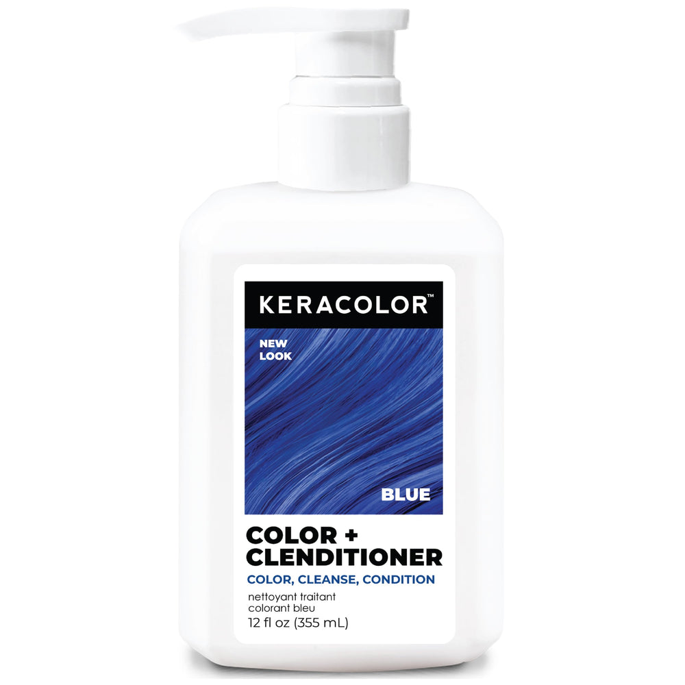 Keracolor Clenditioner BLUE bottle close-up showing vibrant color deposition.
