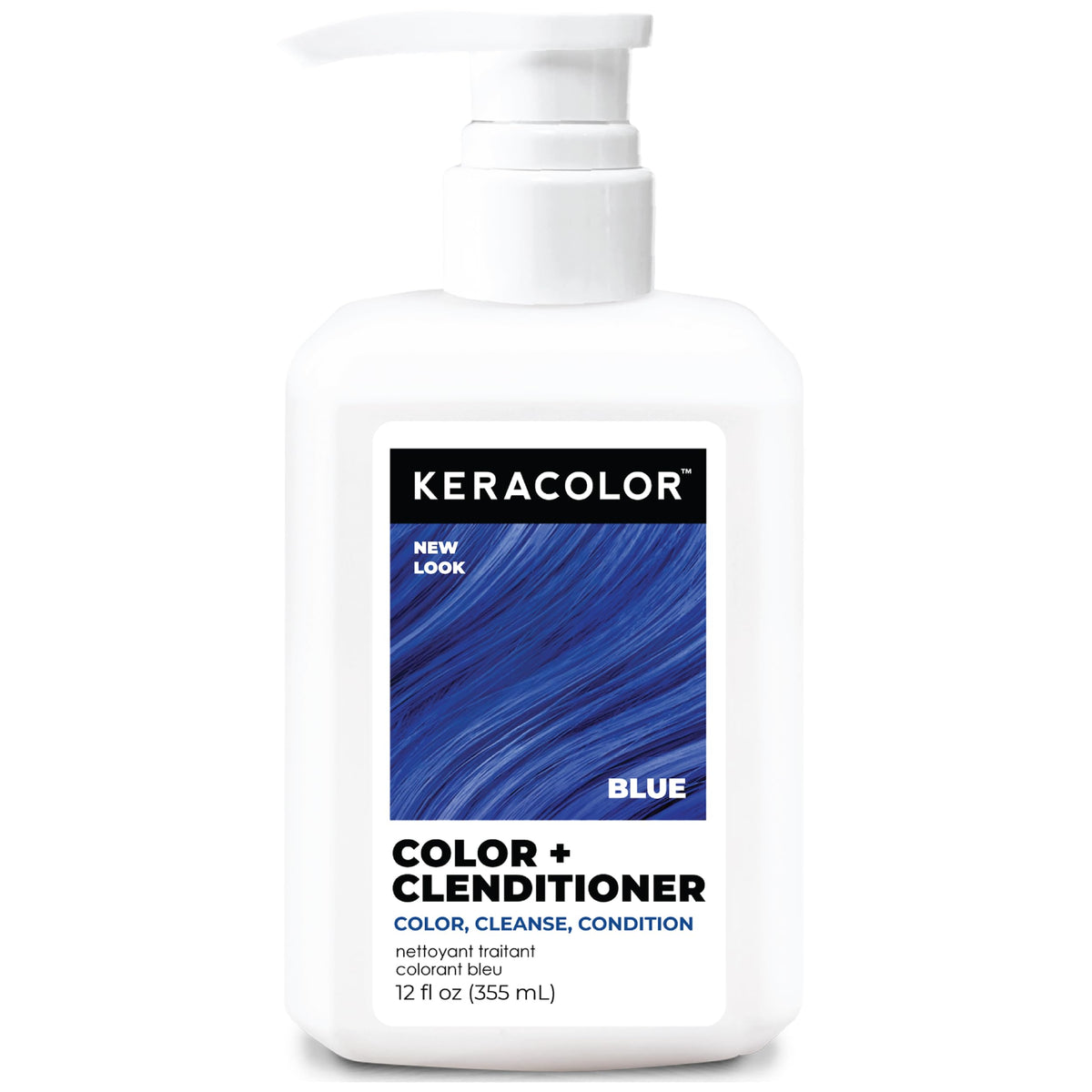 Keracolor Clenditioner BLUE bottle close-up showing vibrant color deposition.
