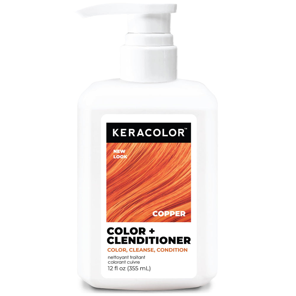 Keracolor Clenditioner Copper bottle shows color-depositing formula for vibrant, conditioned hair.