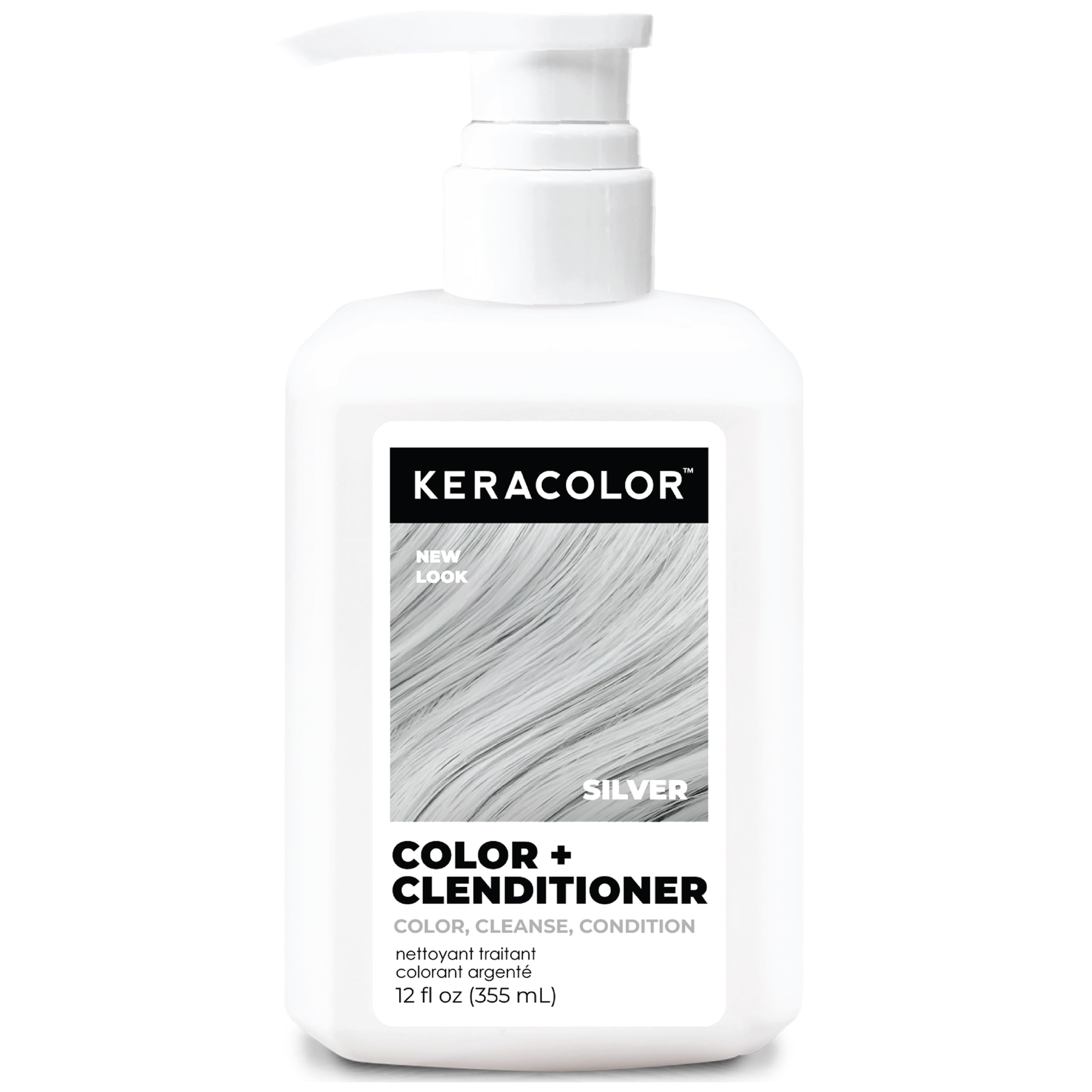 KERACOLOR Clenditioner silver bottle showing color deposit and shine.