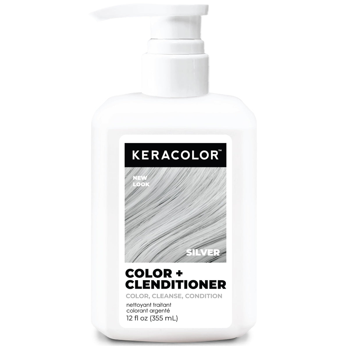 KERACOLOR Clenditioner silver bottle showing color deposit and shine.