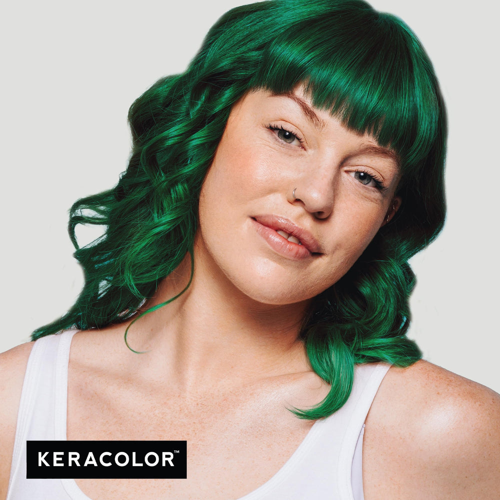Keracolor Emerald color-deposit closeup emphasizes vibrant shade on lighter hair