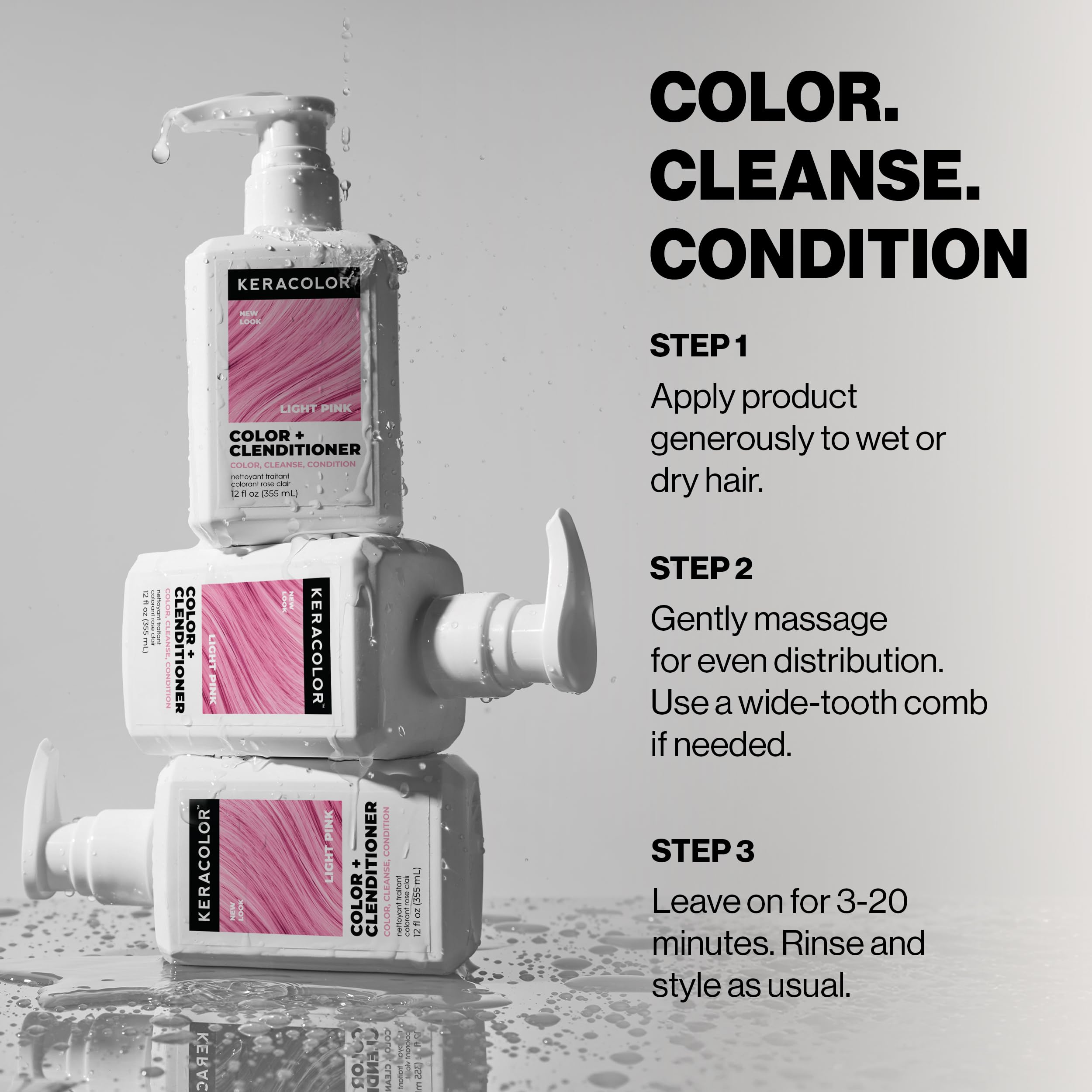 Rinse action illustrating color deposit while cleansing hair.