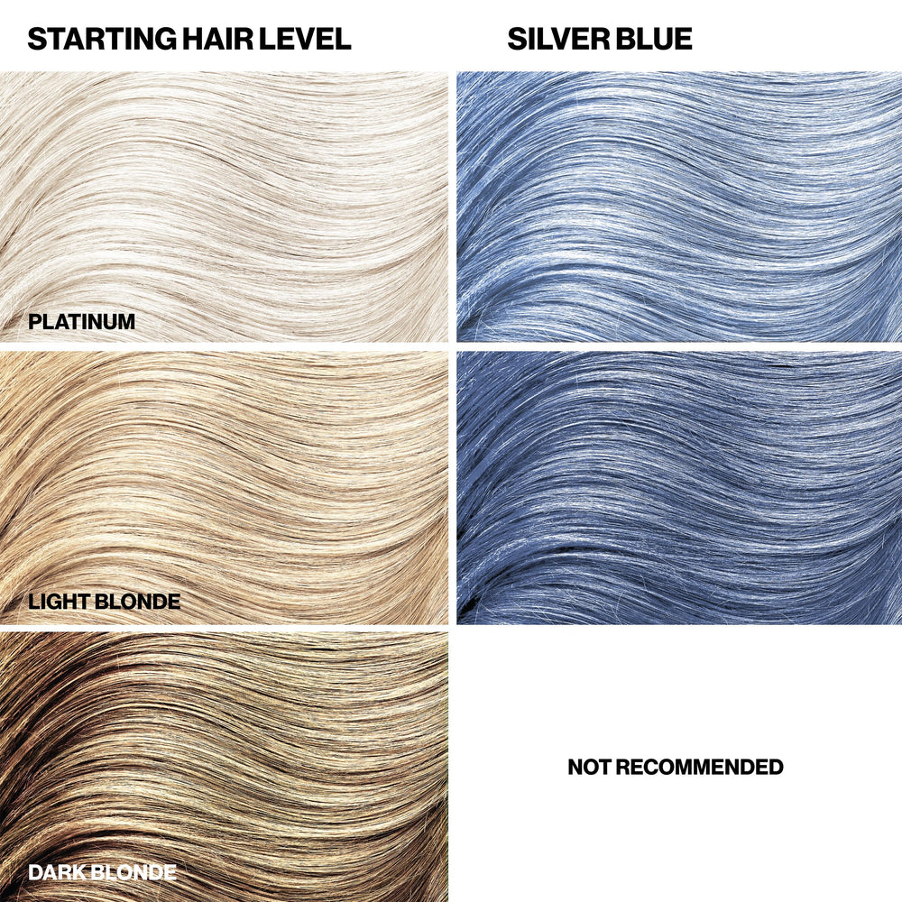 Lightened hair showing brighter silver-blue tone after application.