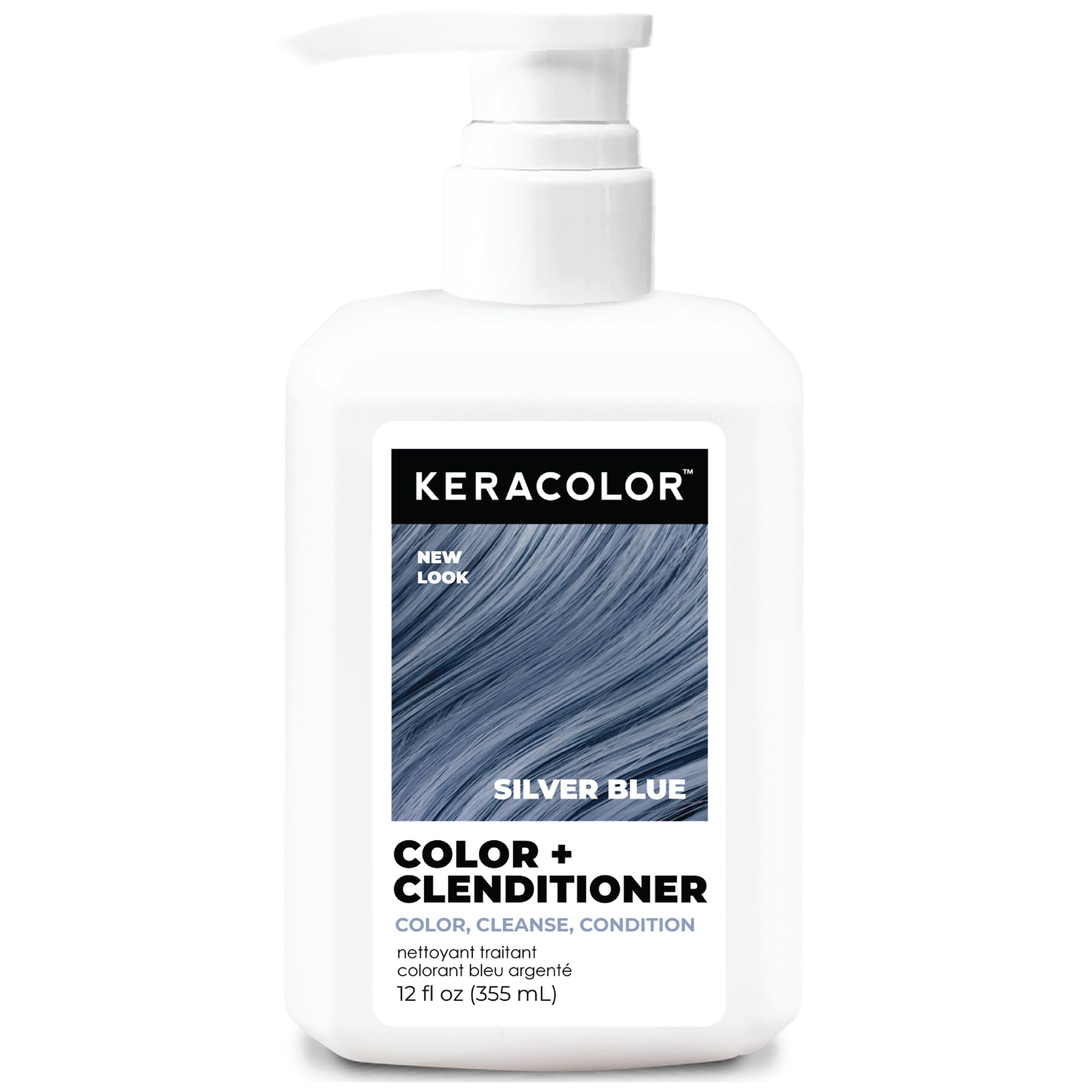 Keracolor Silver Blue bottle with color-depositing conditioner for vibrant cool tones.