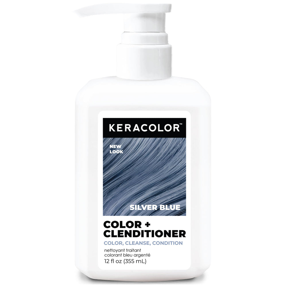 Keracolor Silver Blue bottle with color-depositing conditioner for vibrant cool tones.