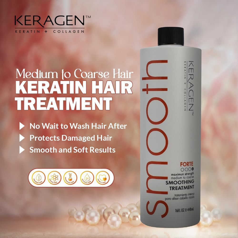 KERAGEN keratin treatment steps: apply, blow-dry, and seal with iron.
